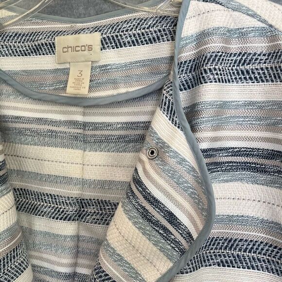 Chico's Striped Moto Jacket Womens XL 3 Tapestry Textured Zip Jacket Blue Silver - Picture 4 of 14
